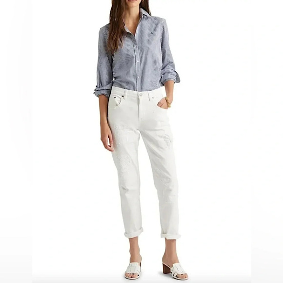 Lauren Ralph Lauren Women White Eyelet-Patchwork Relaxed Tapered
Jean Size 8p - Picture 1 of 11